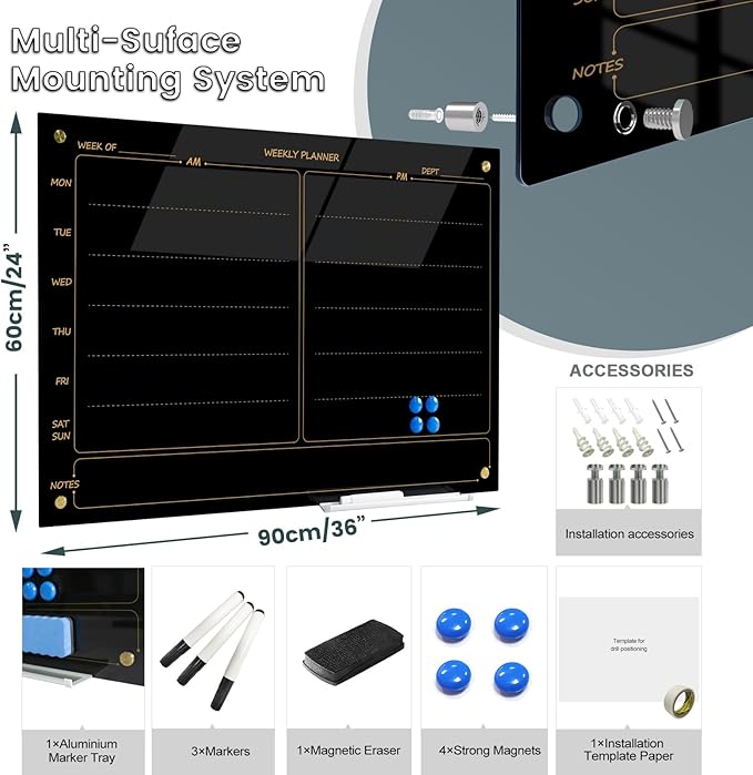 Glass Whiteboard 24"X36" Weekly Calendar Blackboard Magnetic Planner WritingBoard Dry Erase Board Frameless White Board for Office School Home Tray, 3 Marker,4 Magnets and 1 Eraser