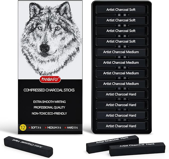 PANDAFLY Compressed Charcoal Sticks, 12 Pieces (Soft, Medium, Hard) Square Vine Charcoal Sticks for Drawing, Sketching, Shading, Charcoal Drawing Set for Beginners & Pro Artists