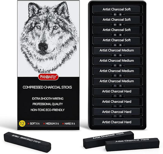 PANDAFLY Compressed Charcoal Sticks, 12 Pieces (Soft, Medium, Hard) Square Vine Charcoal Sticks for Drawing, Sketching, Shading, Charcoal Drawing Set for Beginners & Pro Artists