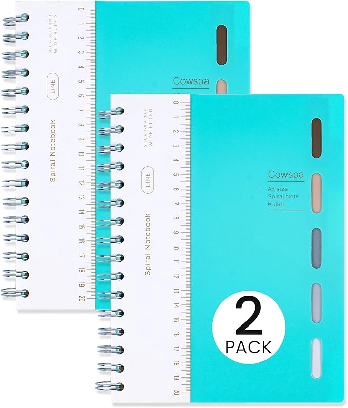 Yoment 2 Pack 5 Subject Notebook Wide Ruled Spiral Notebooks 5x7 with Removable Dividers Tabs, 200 Pages Small Notebooks for Work A5 Spiral Bound Journal for School Office, Blue&Blue