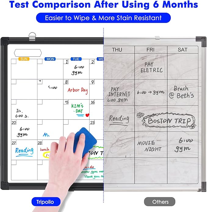 Dry Erase Calendar Whiteboard for Wall, 24" x 18" Magnetic Monthly White Board Calendar Dry Erase, Black Aluminum Frame with Tray for Home, School, Office