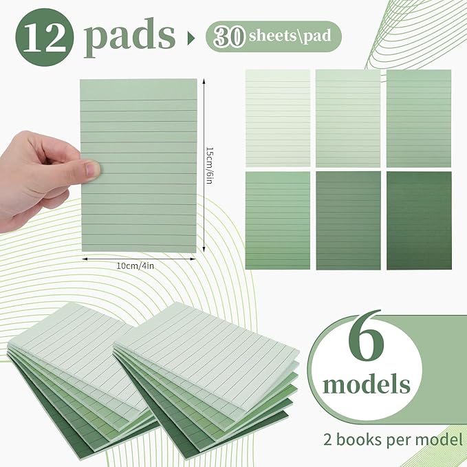 JarThenaAMCS 12Pcs Sage Green Lined Sticky Notes 4 x 6 in Assorted Green Self-Adhesive Notepads Removable Memo Pad for Office School Home Supplies, 6 Colors