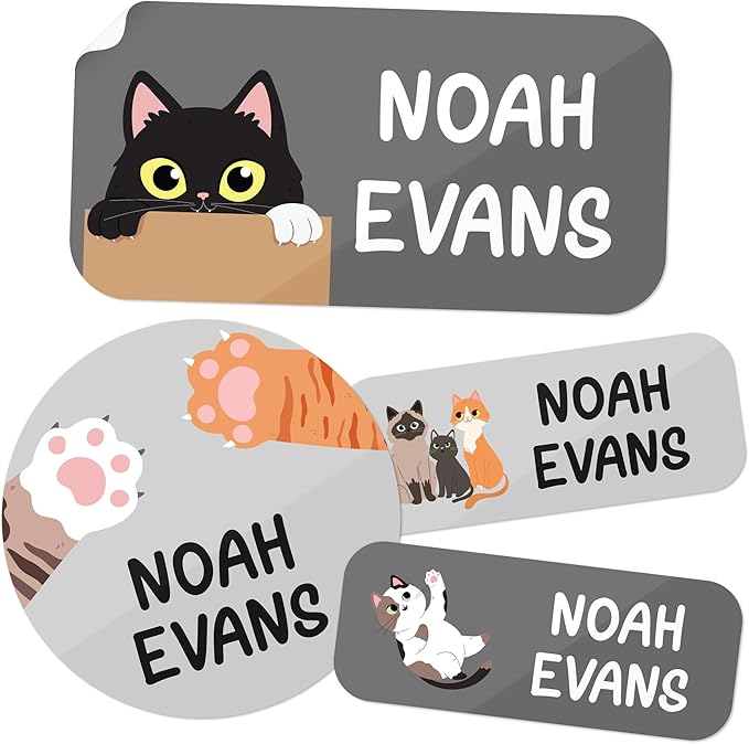 Personalized Daycare Name Labels for Kids, (130 Pack) Waterproof Custom Name Stickers for Clothing Tags, Lunch Boxes and School Supplies, Made in USA by MSC -Cats