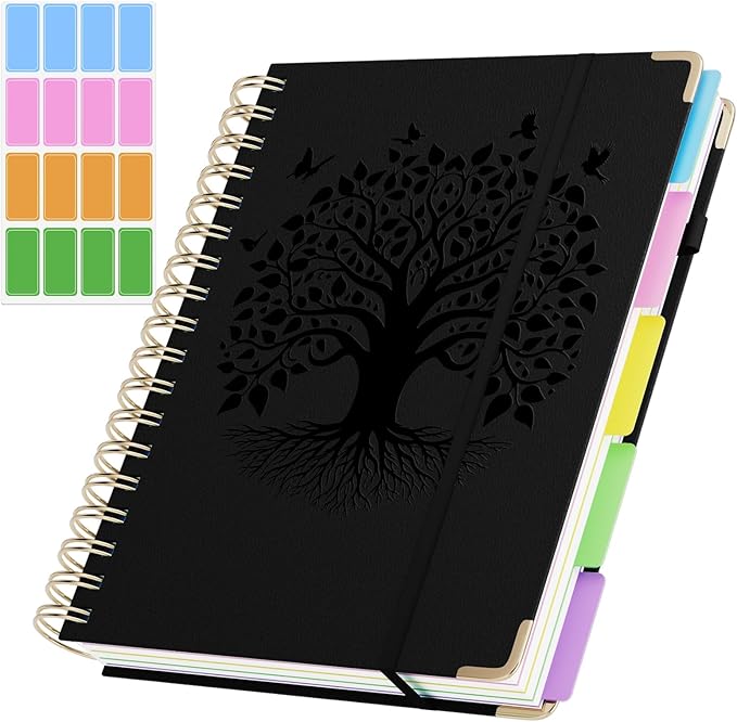 QIYVLOS Hardcover Spiral Notebook, B5 Journal with Removable Dividers Tabs, 5 Subject Notebook College Ruled, 320 Pages 8"x10" Leather Notebooks for Work School Study, Lined Journal for Women, Black