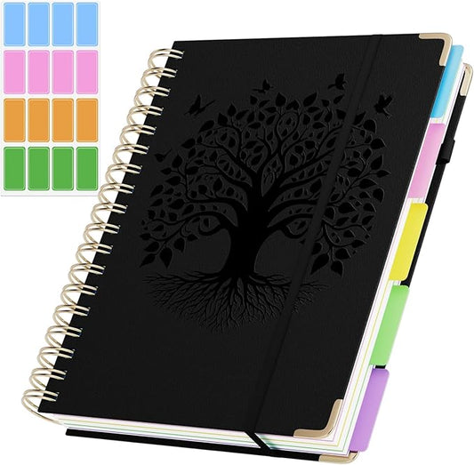 QIYVLOS Hardcover Spiral Notebook, B5 Journal with Removable Dividers Tabs, 5 Subject Notebook College Ruled, 320 Pages 8"x10" Leather Notebooks for Work School Study, Lined Journal for Women, Black