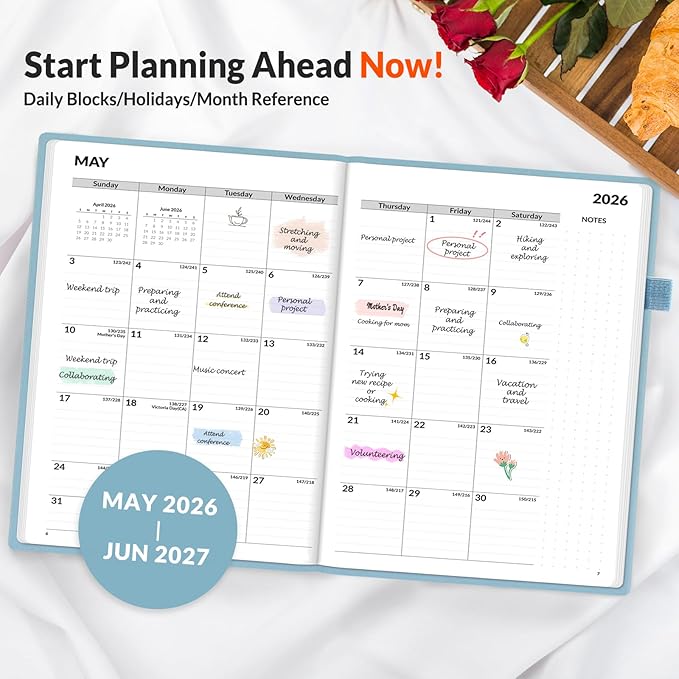 SUNEE 2026-2027 Weekly & Monthly Hardcover Planner 5.5" x 8.3" - 12 Month (July 2026 - June 2027), Small Academic Year Calendar Planner, Pocket, Notes, 100 GSM Paper, Sage Blue