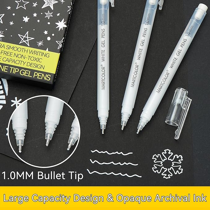 MARTCOLOR White Gel Pens, 1.0mm Fine Point Opaque Archival Ink Pen for Black Paper Drawing, Art Highlight, Illustration, Bullet Journaling, Card Making & DIY Projects, 3 Pack