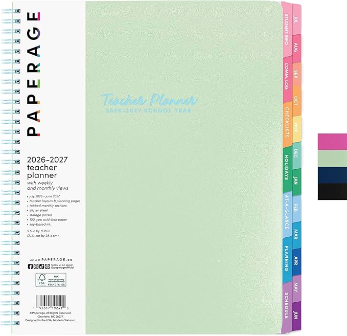 PAPERAGE Teacher Planner, Weekly & Monthly Academic Planner & Calendar, 12-Months, July 2026 - June 2027, (9.5" x 11"), Teacher Lesson Planning Book with Tabs, Stickers & Inner Pocket, Sage Green
