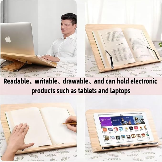Adjustable Wood Reading Book Stand, Portable Book Holder with Page Stoppers, Ergonomic Desk Book Holder for Reading, Studying, Cooking, Textbook & Recipe Display(13.4x9.45inch)
