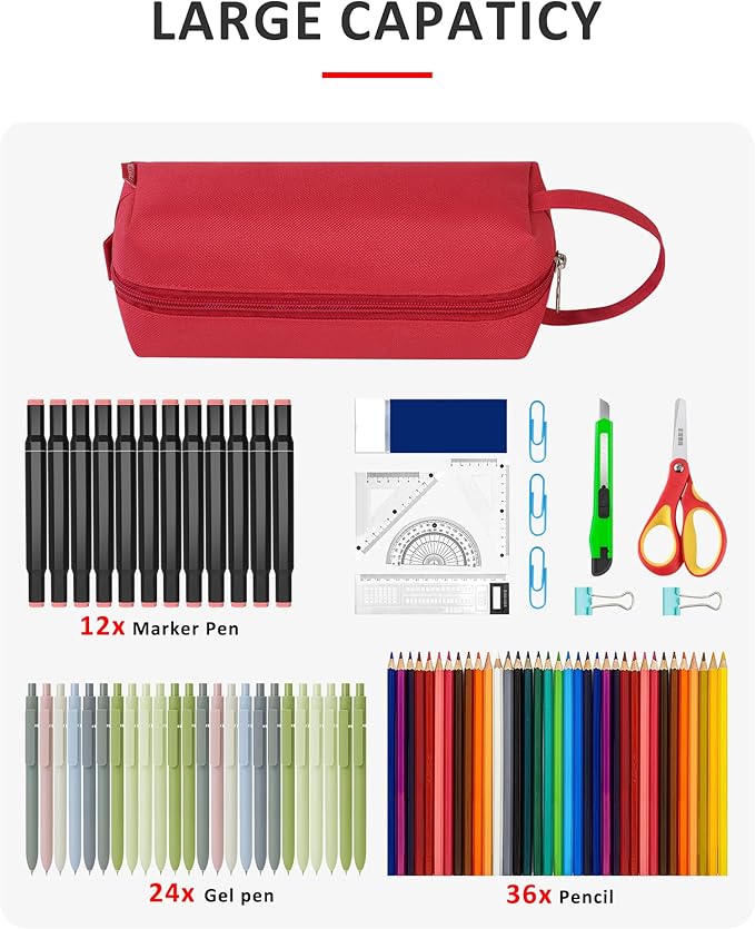 Fmeida Pencil Case Pouch - Water Resistant Pencil Pouch Portable Pencil Bag Simple Office Stationery Pouch with Handle Christmas Gifts - Red