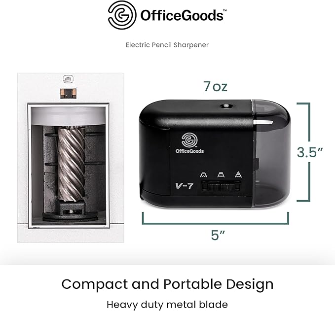 OfficeGoods Electric Pencil Sharpener - Battery or Cord Powered Portable Sharpener - Perfectly Sharpens Colored Pencils, Drafting Pencils for Kids, Adults, Office, School and Home - Black