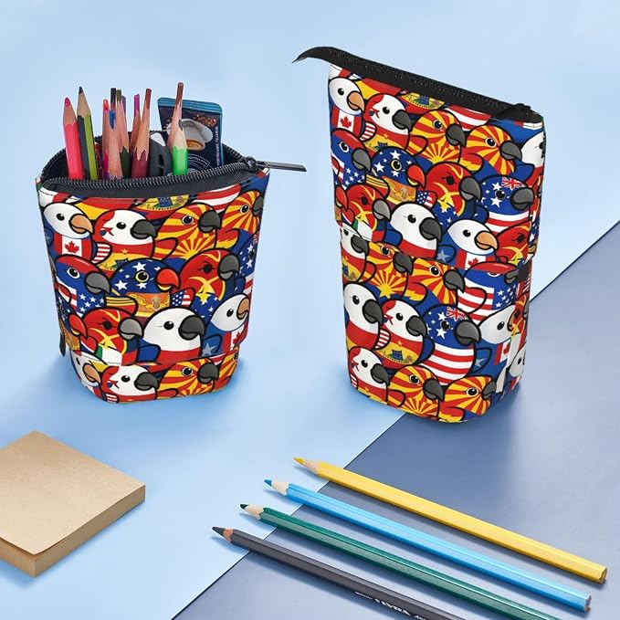 Colored Flag Funny Bird Kids Standing Pencil Case Telescopic Stationary Pouch with Zipper Large Capacity Stand up Pen Bag Portable Makeup Holder for Children School Students Office Supplies