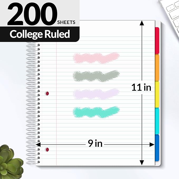 SUNEE 5 Subject Notebook College Ruled - 400 Pages, 9"x11", 5 Pocket Colored Dividers, 3-Hole Punched Paper, White
