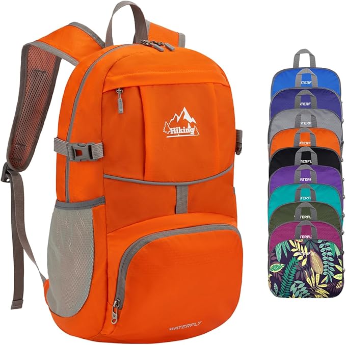 WATERFLY Hiking Packable Daypack Backpack: 25L Ultra Lightweight Day Pack for Women Men - Small Compact Folding Back Pack for Outdoor Sport Cycling Camping Travel Trip - Orange
