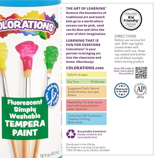 Colorations Washable Tempera Paint, 16 fl oz, Fluorescent Pink, Neon, Non Toxic, Vibrant, Bold, Bright, Kids Paint, Craft, Hobby, Fun, Art Supplies