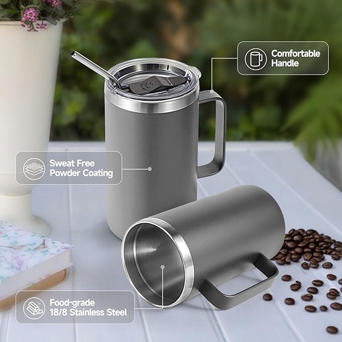 Volhoply 22oz Insulated Stainless Steel Coffee Mugs with Leakproof Lid Bulk 2 Pack,Double Wall Vacuum Travel Coffee Cup with Handle,Reusable Metal Tumbler,Camping Mug Keep Hot&Cold(Gray,2)