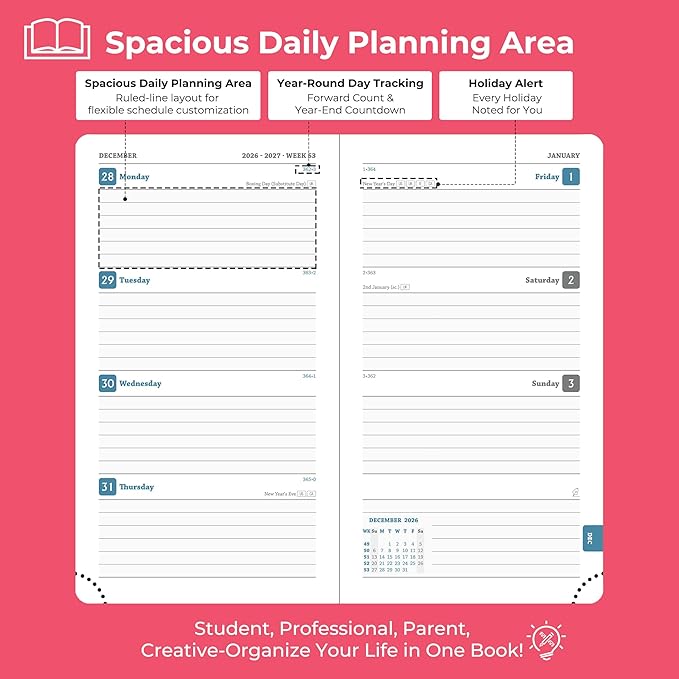 Planner 2026-2027 Daily Weekly and Monthly,6.5"x3.75",18 Months Spiral Bound Calendar Agenda with Self-adhesive Pen Holder,2026 Academic Plan with Vegan Leather Soft Cover,Rose Red