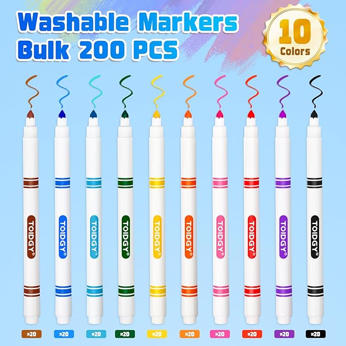Toidgy 200 PCS Washable Markers for Kids, Colored Markers Bulk for School, Thin Marker Set in 10 Assorting Colors, Fine Line Marker with Conical Tip, Back to School Supplies, Classroom Must Haves