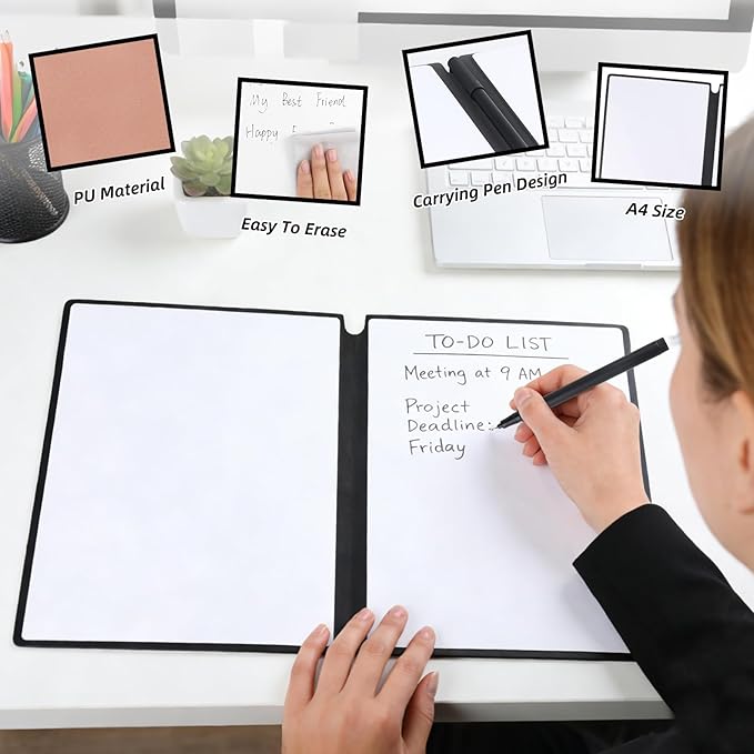 A4 Portable Whiteboard Notebook,12" x 9" Double Sided Dry Erase Board with Two Pens,Folding Reusable Writing Pad for Office Meetings,School,Planning,Travel,PU Cover(Pink)
