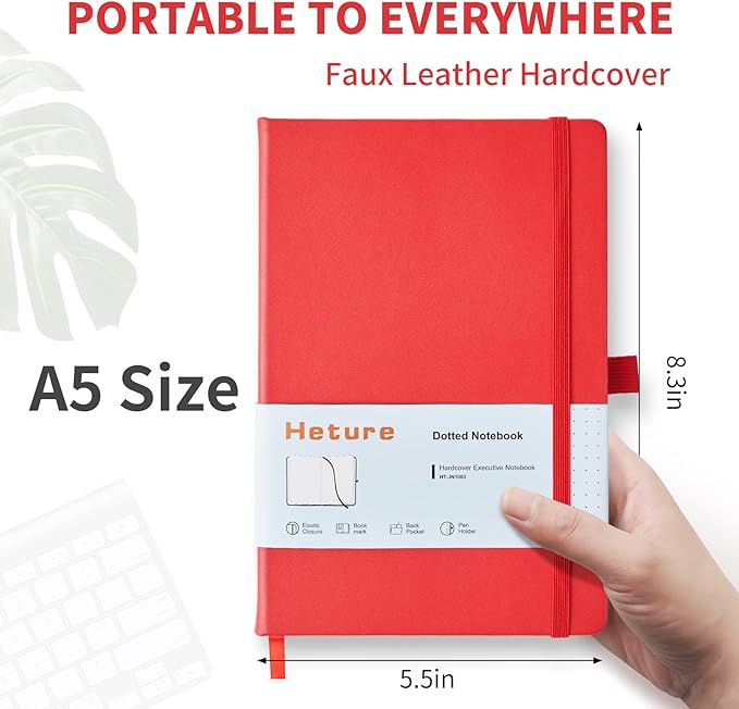 Heture Hardcover Dotted Notebooks, A5 Dotted Journal Notebook for Writing 160 Pages, 8.2 x 5.5 inch, Classic Dotted Notebooks for College/Work/Travel (Dotted-3 Pack, Red)