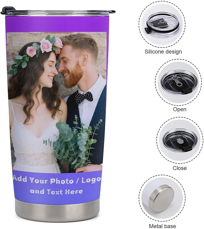 Personalized Tumbler Custom Vacuum Insulated Travel Mug Customizable Coffee Cup with Your Photos and Text Christmas Birthday Gift (2 Photos+Text)
