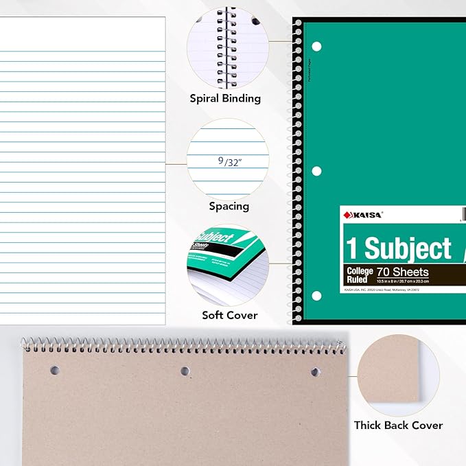 KAISA 1 Subject Spiral Notebooks, 6 Vibrant Color Options, 8 Pads Per Color – Abundant Stock for All Your Needs 70 Sheets College Ruled 10.5"x8" Paper, Note Books Home School Supplies for Students Office, 1Carton of 48pcs