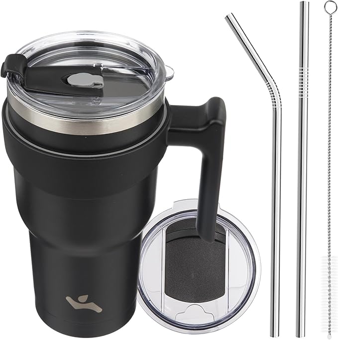 Konokyo 30 oz Tumbler with Handle and 2 Straw 2 Lid, Insulated Water Bottle Stainless Steel Vacuum Cup Reusable Travel Mug,Black