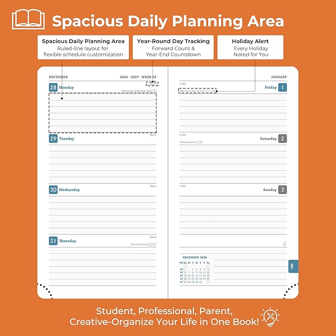 Planner 2026-2027 Daily Weekly and Monthly,6.5"x3.75",18 Months Spiral Bound Calendar Agenda with Self-adhesive Pen Holder,2026 Academic Plan with Vegan Leather Soft Cover,Orange