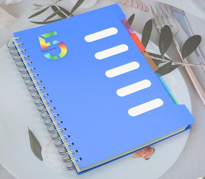 5 Subject Notebook, 2 Pcs Green and Dark Blue 10 Inch x 7 Inch B5 Spiral Notebook With Waterproof Plastic Softcover, 300 Pages 80 Gsm College Ruled Papers With 5 Sheets Colorful Movable Dividers