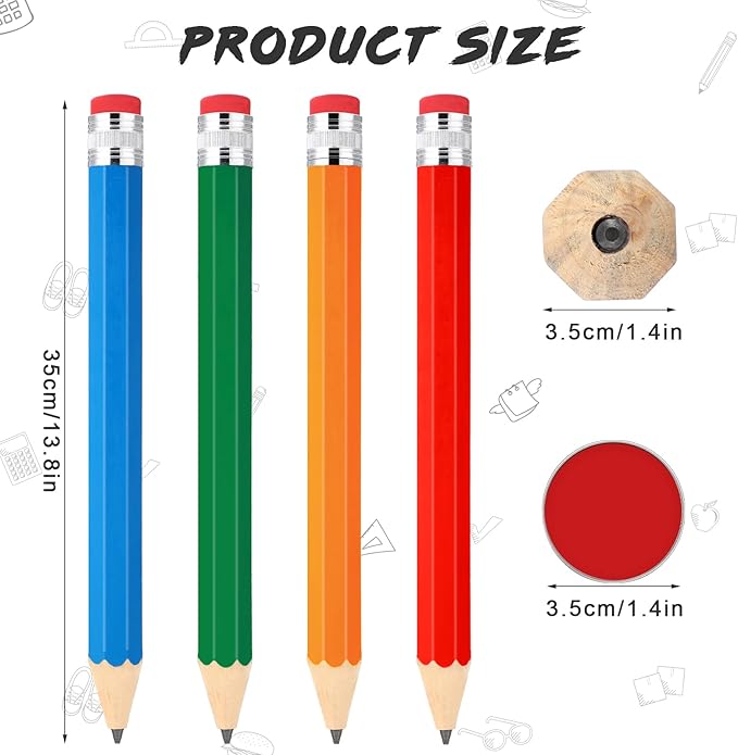 Gersoniel 4 Pack 14 Inch Wooden Jumbo Pencils Big Giant Large Huge Wood Pencil Prop with Eraser Novelty Funny Pens Gag Gifts for Office Classroom School Favors Supplies(Blue, Red, Green, Yellow)