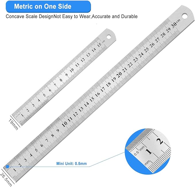 2 Pack Metal Ruler, Double-Sided Scale【6,12inch/15,30cm】 Steel Ruler Set for Architects, Home,School， Office, and Craft