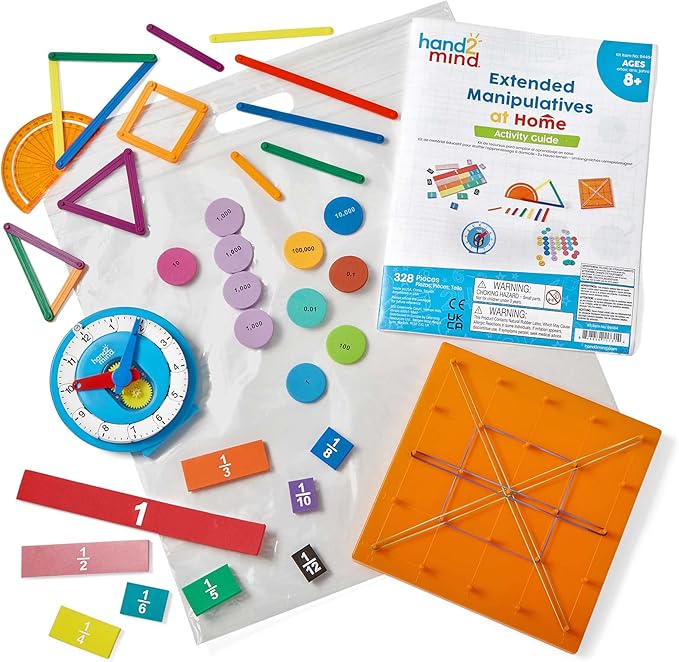 hand2mind Extended Manipulatives at Home Kit for Ages 8+, Math Manipulatives, Advanced Number Line Clock, AngLegs, Place Value Disks, Rainbow Fraction Tiles, Homeschool Curriculum Must Haves
