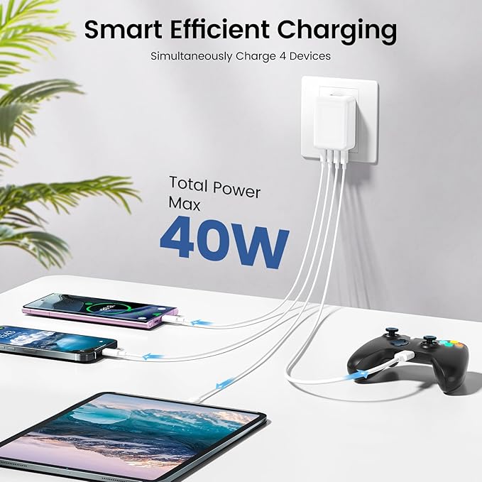 2Pack 40W Flat USB C Wall Charger, 4Ports Foldable & Slim Fast Charging Blocks, Multiport Type C Cube Box Power Adapter Plug, Boxeroo USB C Charger Block Brick for iPhone Samsung Tablet (White White)