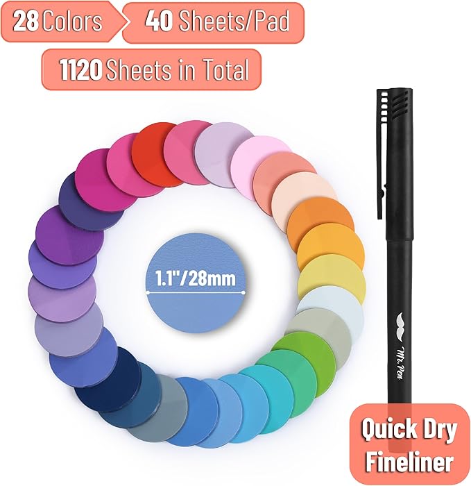 Mr. Pen- Round Transparent Sticky Notes, 1.1” Diameter, 28 Pads, 1120 Sheets, Colorful, Water-Resistant See-Through Sticky Notes Bulk & Fineliner, Smooth Writing, Note Tabs for Bible Journaling
