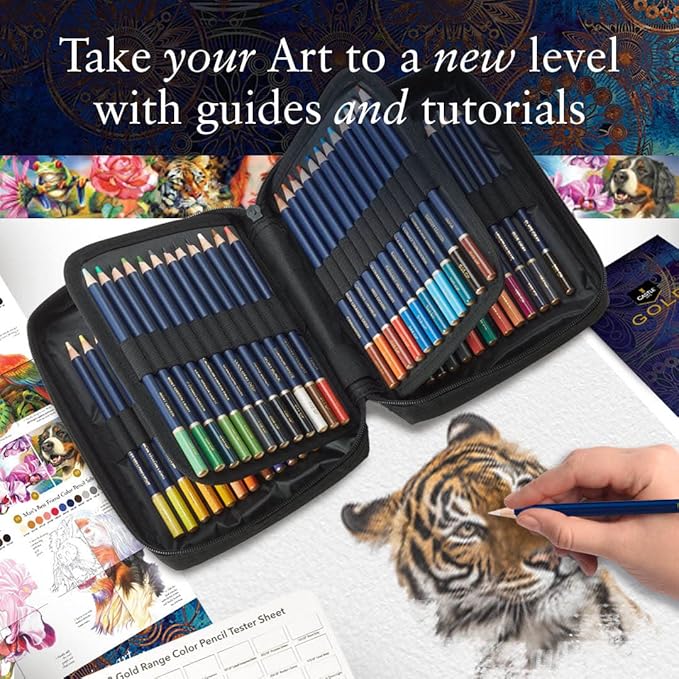 Castle Art Supplies Gold Standard 72 Colouring Pencils Set with Extras | Quality Oil-based Coloured Cores Stay Sharper, Tougher Against Breakage | For Adult Artists, Colourists | In Zipper Case