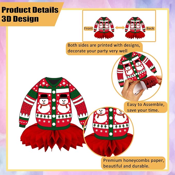 Christmas Ugly Sweater Party Decorations Honeycomb Centerpiece,9Pcs Ugly Sweater Centerpieces for Tables,3D Xmas Table Topper Xmas Table Centerpieces for Merry Christmas Holidays Decoration