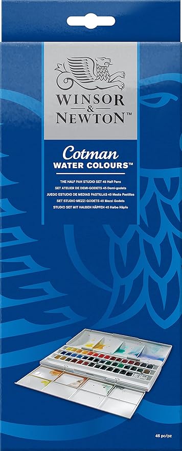 Winsor & Newton Cotman Watercolor Paint Set, Studio Set, 45 Half Pan w/ Brush