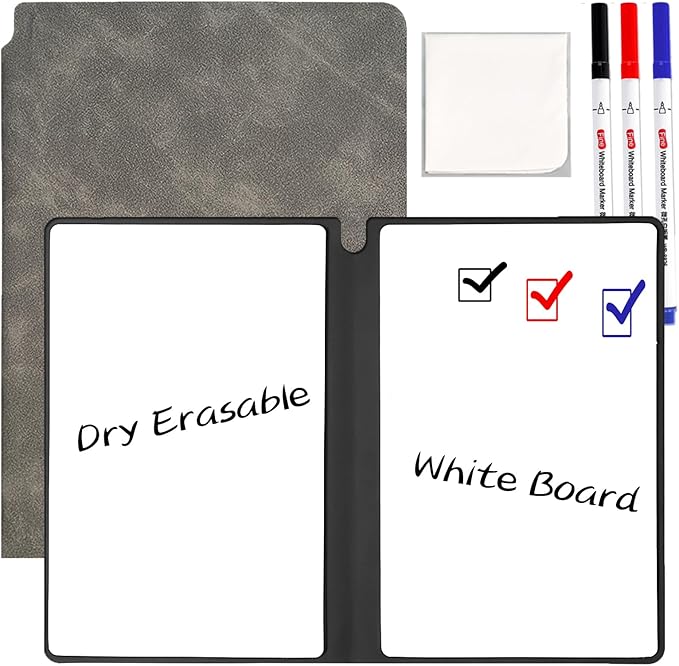 Marte Vanci Whiteboard Notebook Reusable Dry Erase Whiteboard with Pen and Wiping Cloth A5 Portable Dry Erase Pad with PU Cover White Board for Notes Lists Memo Message Presentation(Gray)