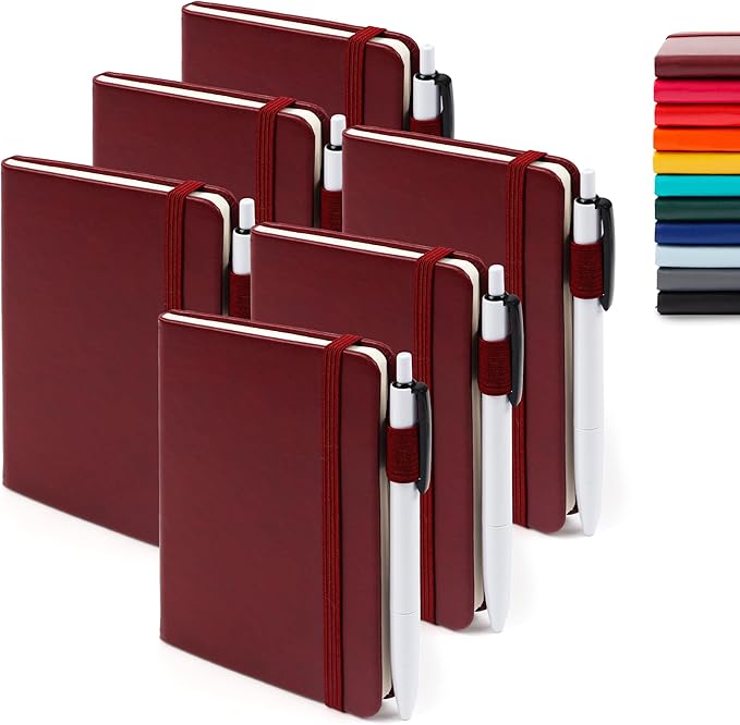 6 Pack Pocket Mini Notebooks Bulk, Feela Small Cute Memo Notepads Hardcover College Ruled Lined Journals with Pen Holder for School Business Work, with 6 Black Pens, 3.5”x 5.5”, A6, Wine