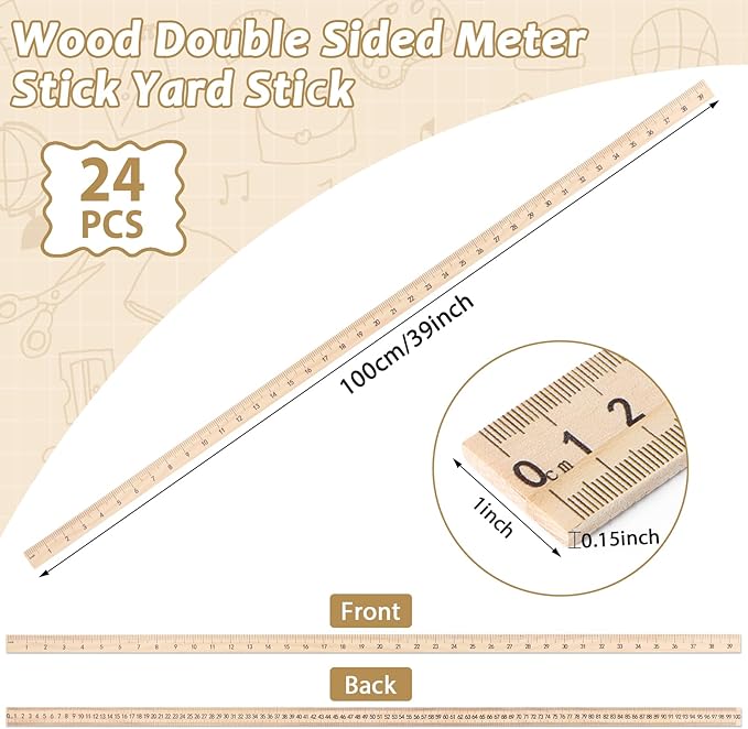 gisgfim 24 Pack 39 Inches Wood Double Sided Meter Stick Yard Stick Wood Economy Meterstick Wooden Ruler 100 Centimeters Measuring Yardstick Bulk School Classroom Home Office Kid Measuring Tailor Craft