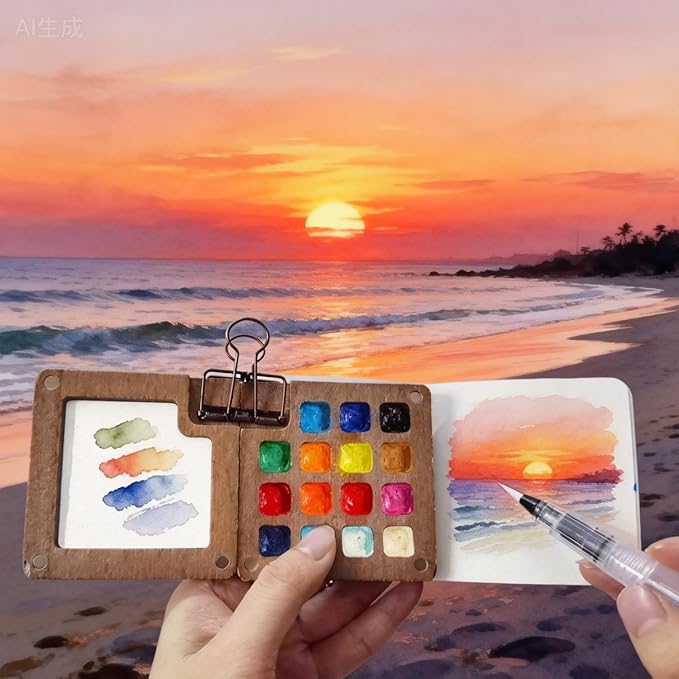 Portable Mini Watercolor Paint Set, 24 Colors Travel Watercolor Kit with Wooden 15 Grid Palette, Sketchbook, Brush & Waterproof Bag for Beginners, Artists, Outdoor Painting
