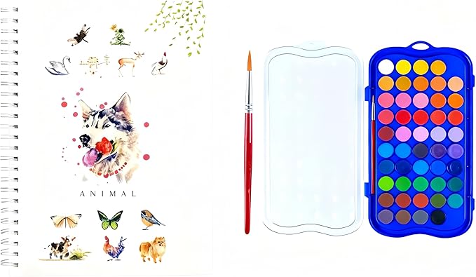 48 Colors Watercolor Book with Paint，Beginner Watercolor Workbook Kit, Watercolors Workbook (Animal -48 Colors)