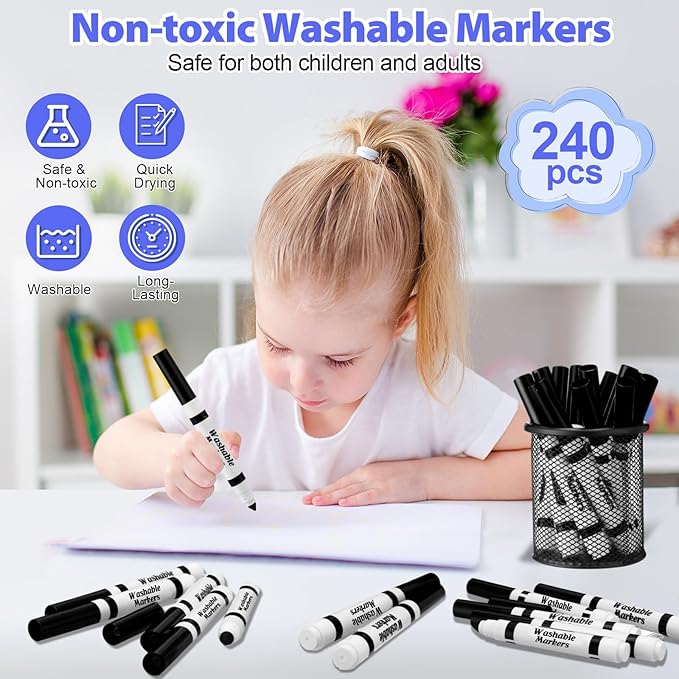 240 Pcs Black Washable Markers Bulk Broad Line Markers Set Classic Broad Tip Washable Drawing Pens for Kids, Teachers, Students, Party Favors, School Supplies, Donations