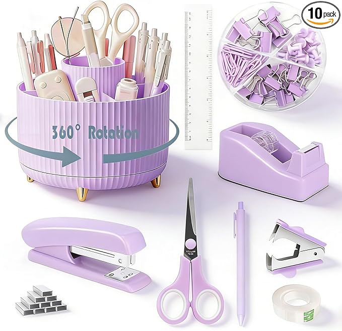 Gawsey Desk Organizers and Accessories Set with 360-Degree Rotating Pen Holder, Tape Dispenser, Stapler, Staple Remover, 1000 Staples, Tape, Clips Set, Ruler, Scissor, Pen (Purple)