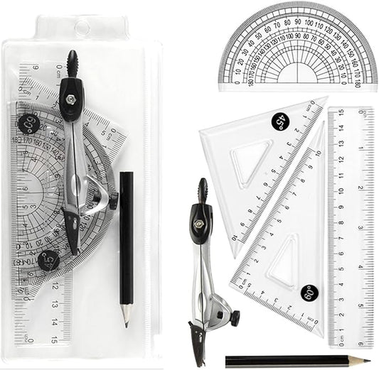 Protractor and Compass Set with Rulers, All-in-One Compass Geometry Tool Kit for Students and Technical Drawing