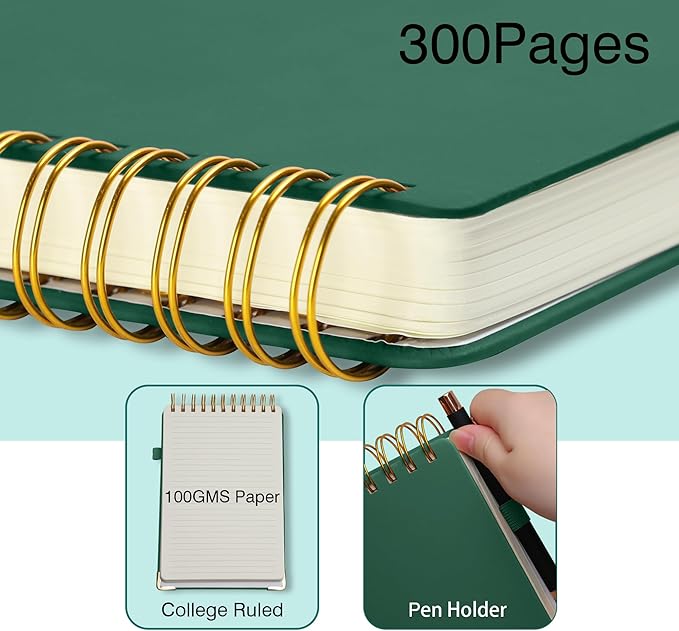 300 Pages Top Spiral Notebook 6x9 Leather Steno Pad Hardcover Steno Notebooks Top Spiral for Work Steno NotePad, 100 GSM Thick Paper, Left Handed Notebooks for Office College School,Green