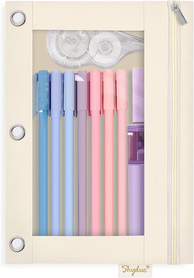SKYDUE Pencil Pouch for 3 Ring Binder, 9.8" x 7.3" Clear Window Pencil Bag | Zipper Pencil Pouches for Girls Boys, Pencil Pouch with 3 Reinforced Grommets, Durable Organizer for School Supplies