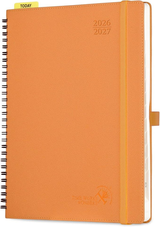 POPRUN 2026-2027 Academic Weekly Planner, Large 8.5" x 10.5" Horizontal Layout Calendar Agenda from July 2026 to June 2027, Softcover Appionment Book with Monthly Tabs, Spiral Bound, Inner-Pocket - Orange