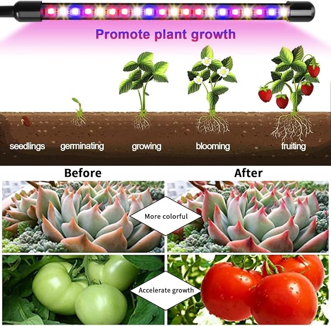 LED Grow Light, 2PCS 3 Heads Full Spectrum Plant Light with Clip | 6000K Plant Light, Timer 6/12/16Hrs, 3 Spectrums, 5 Dimmable Levels, Flexible Gooseneck