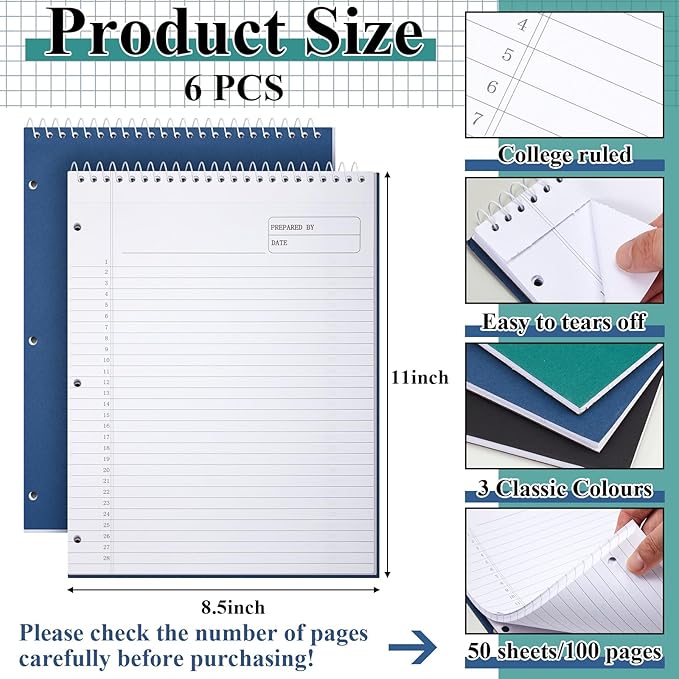 MotiMind 6 Pcs Top Bound Spiral Notebooks Project Planner with 3 Hole Punched, 8-1/2" x 11 College Ruled Notepad, 50 Sheets Legal Pads Hard Cardboard Paper Wirebound Notepad for Office School Business